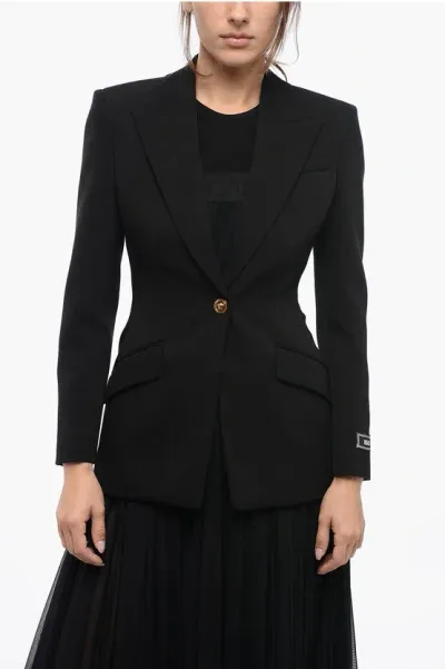 Versace Wool Blazer With Peak Lapel In Black