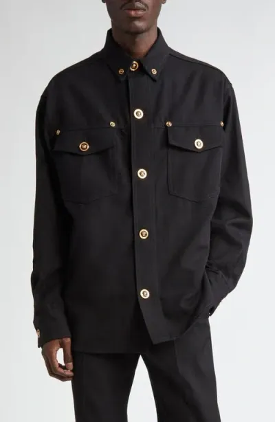 Versace Wool Gabardine Button-down Overshirt In Black