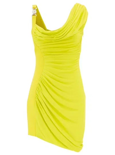 Versace Asymmetric Embellished Draped Jersey Mini Dress In Yellow