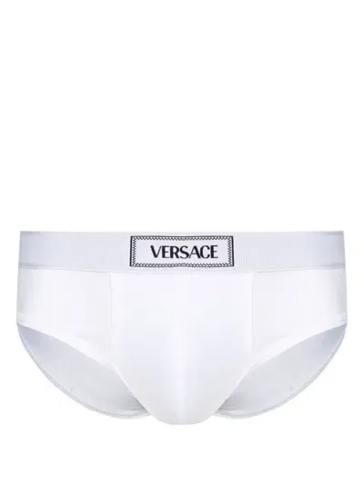 Versace Slip Con Banda Logo In Bianco