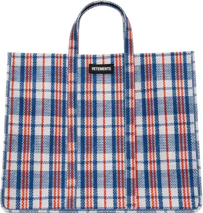 Vetements Blue Barbes Shopper Tote In Blue Check