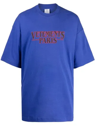 Vetements Logo-embroidered Cotton T-shirt In Blue