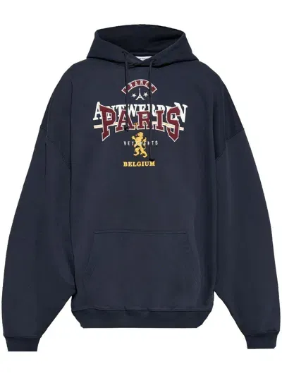 Vetements Logo-embroidered Hoodie In Navy