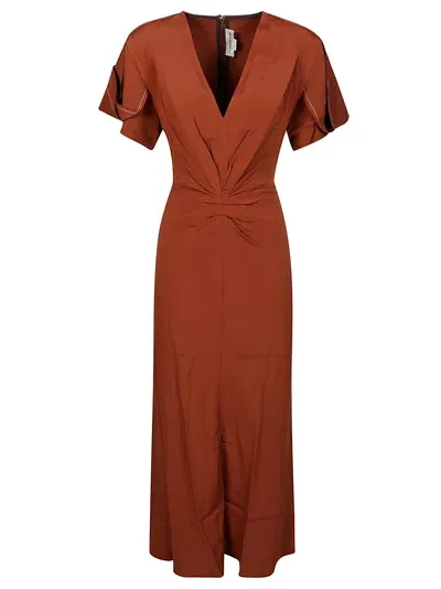 Victoria Beckham Abito Scollo V Midi In Brown