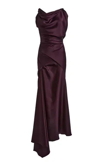 Victoria Beckham Asymmetric Draped Satin Midi Dress In Berry