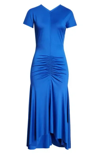 Victoria Beckham V-neck Ruched Asymmetric Jersey Midi Dress In Royal Blue