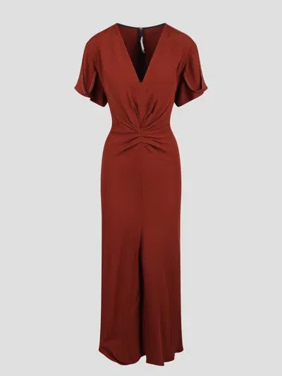 Victoria Beckham Gathered-detail Crepe Dress In Brown