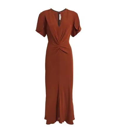 Victoria Beckham Gathered V-neck Midi Dress In Brown