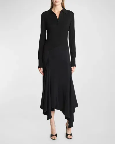 Victoria Beckham Henley Contrast Asymmetric Shirtdress In Black/black