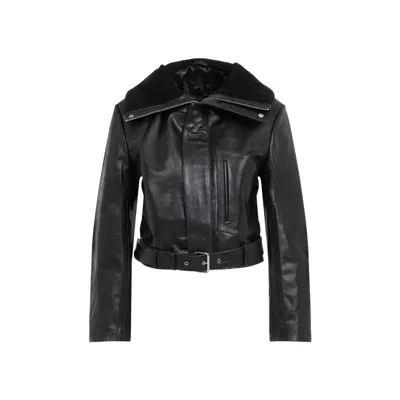 Victoria Beckham Cropped Leather Biker Jacket In Black