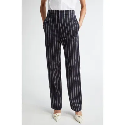 Victoria Beckham Pinstripe Tapered Leg Wool & Cotton Trousers In Midnight/white