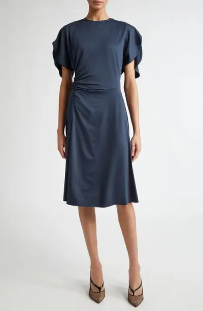 Victoria Beckham Side Ruched Satin Jersey Dress In Midnight