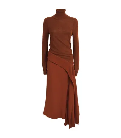 Victoria Beckham Wool Midi Dress In Brown