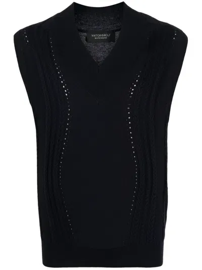 Viktor & Rolf Cable-knit V-neck Vest In Blue