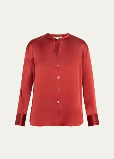 Vince Band-collar Long-sleeve Silk Blouse In Dk Scarlet