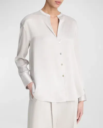 Vince Band-collar Long-sleeve Silk Blouse In Salt Glass