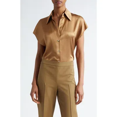 Vince Cap Sleeve Gathered Back Silk Blouse In Light Nile