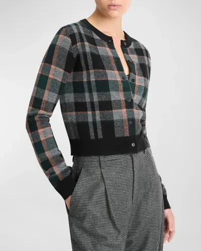 Vince Cashmere Plaid Cardigan In Black Combo