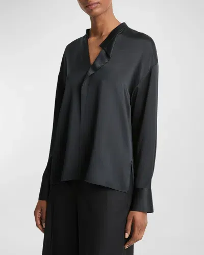 Vince Draped Stand-collar Long-sleeve Silk Blouse In Black