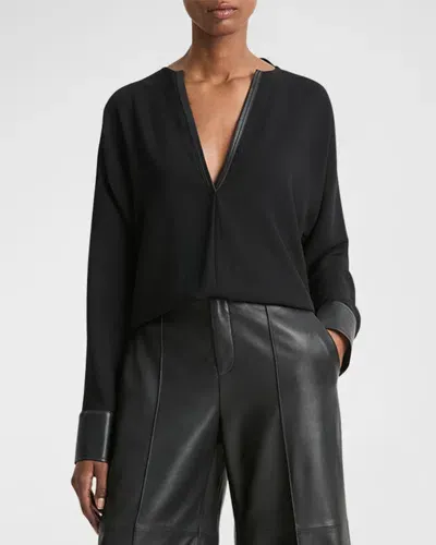 Vince Leather-trim Dolman-sleeve Blouse In Black