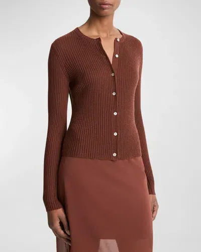 Vince Ribbed Cashmere And Silk Fitted Cardigan In Deep Rosewood