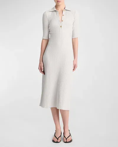 Vince Ribbed Elbow-sleeve Polo Midi Dress In Salt Glass