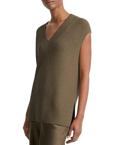 Vince Ribbed V Neck Wool And Cashmere Vest In Vine