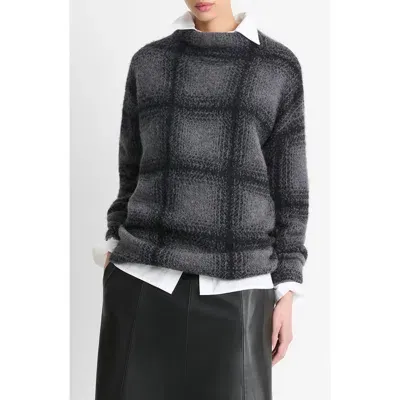 Vince Shadow Plaid Funnel Neck Sweater In Heather Charcoal Combo