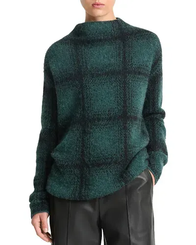 Vince Shadow Plaid Funnel Neck Sweater In Juniper Combo