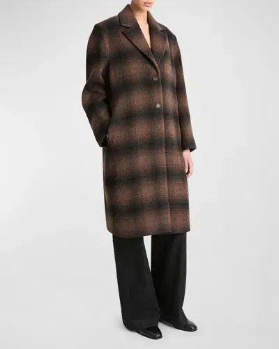 Vince Shadow Plaid Wool-blend Car Coat In Deep Walnut