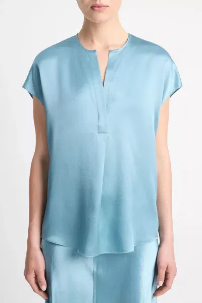 Vince Silk Cap-sleeve Half-placket Blouse In Jade Sea In Gray