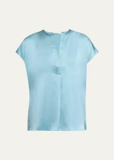 Vince Silk Split-neck Cap-sleeve Blouse In Jade Sea