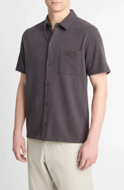 Vince Sueded Jersey Short Sleeve Button-up Shirt In Soft Black