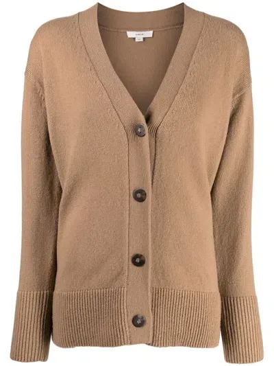 Vince Weekend V-neck Ribbed Cardigan In Brown