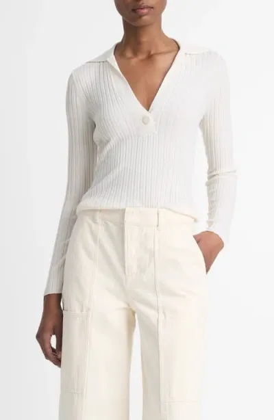 Vince Wool & Silk Blend Rib Polo Sweater In Off White