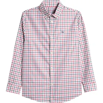 Vineyard Vines Kids' Plaid Cotton Blend Performance Button-down Shirt In Red/green Check