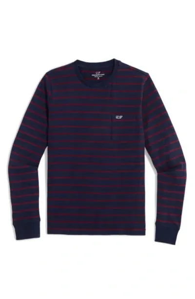 Vineyard Vines Kids' Stripe Long Sleeve Pocket T-shirt In Nautical Navy Crimson