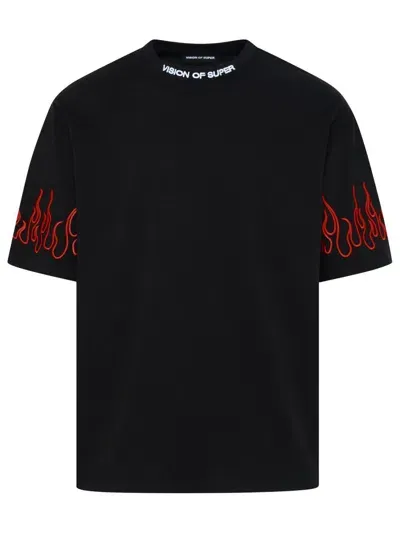 Vision Of Super Flames-embroidered Cotton T-shirt In Black