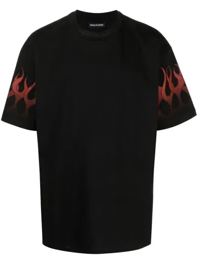 Vision Of Super Red Flames Cotton T-shirt In Black