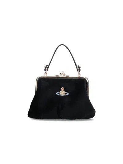 Vivienne Westwood Granny Frame Black Cotton Purse On A Chain In Black Fabric