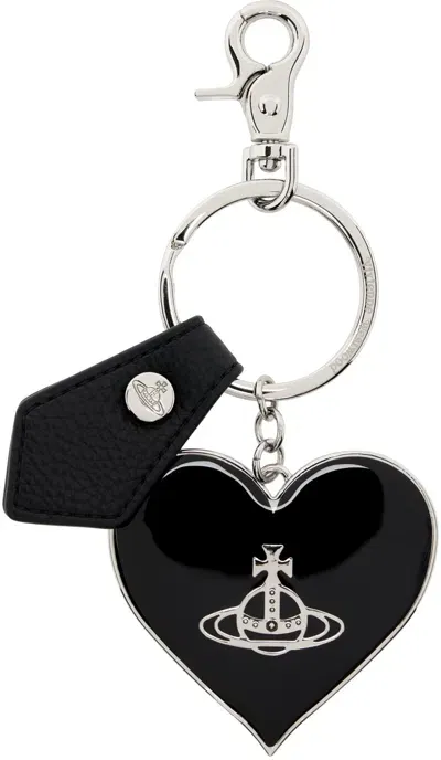 Vivienne Westwood Black & Silver Mirror Heart Orb Keychain In Aw24-n403