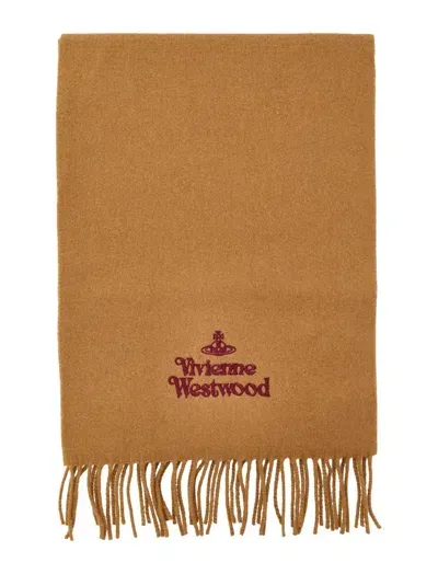 Vivienne Westwood Logo Embroidered Fringed Scarf In Brown