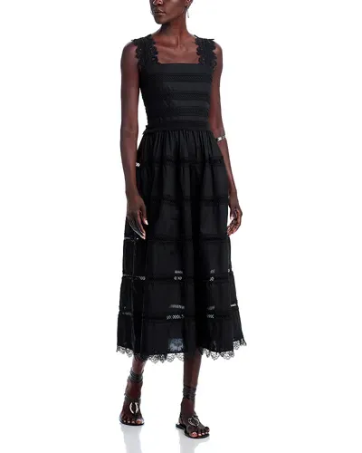 Waimari Ibiza Tiered Guipure Lace-trimmed Cotton Midi Dress In Black