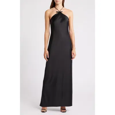 Wayf Araceli Halter Strap Satin Slipdress In Black