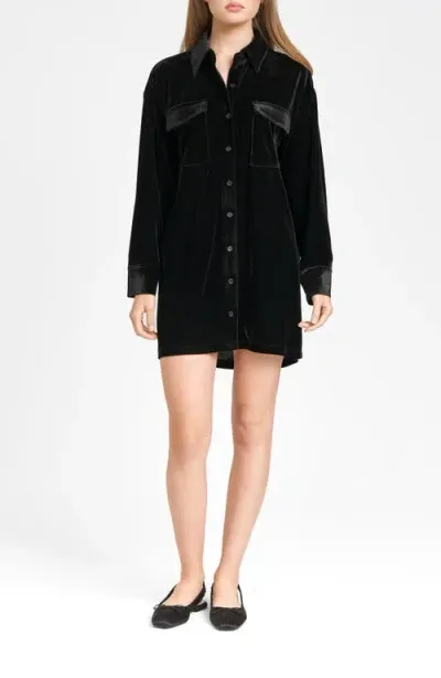 Wayf Briella Long Sleeve Velvet Shirtdress In Black