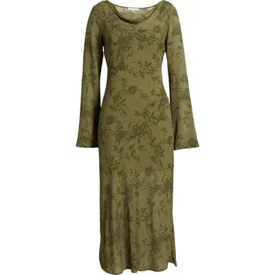 Wayf Cassandra Floral Long Sleeve Midi Dress In Olive Shadow