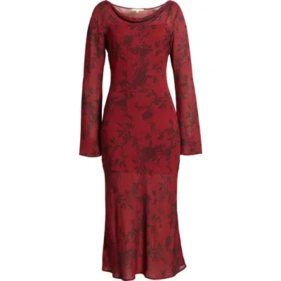 Wayf Cassandra Floral Long Sleeve Midi Dress In Oxblood Shadow