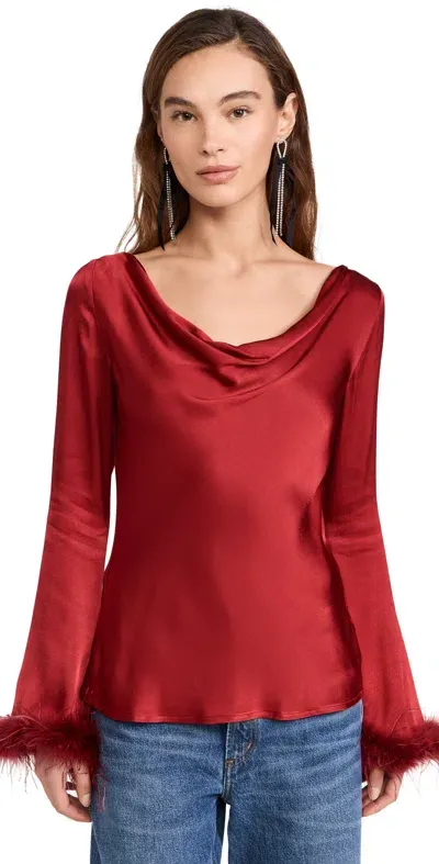 Wayf Cowl Neck Feather Trim Top Scarlet