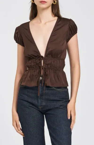 Wayf Jolie Smocked Tie Front Top In Espresso