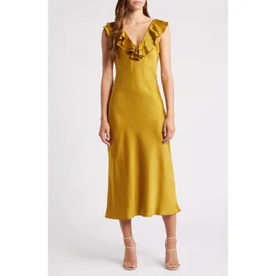 Wayf Lida Ruffle Cap Sleeve Satin Midi Dress In Gold